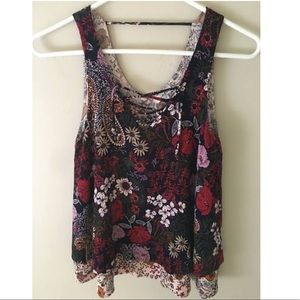 Love Fire V Neck Floral Tank W/ Criss Cross